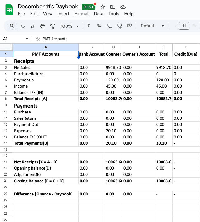 Day Book Xcel Interface