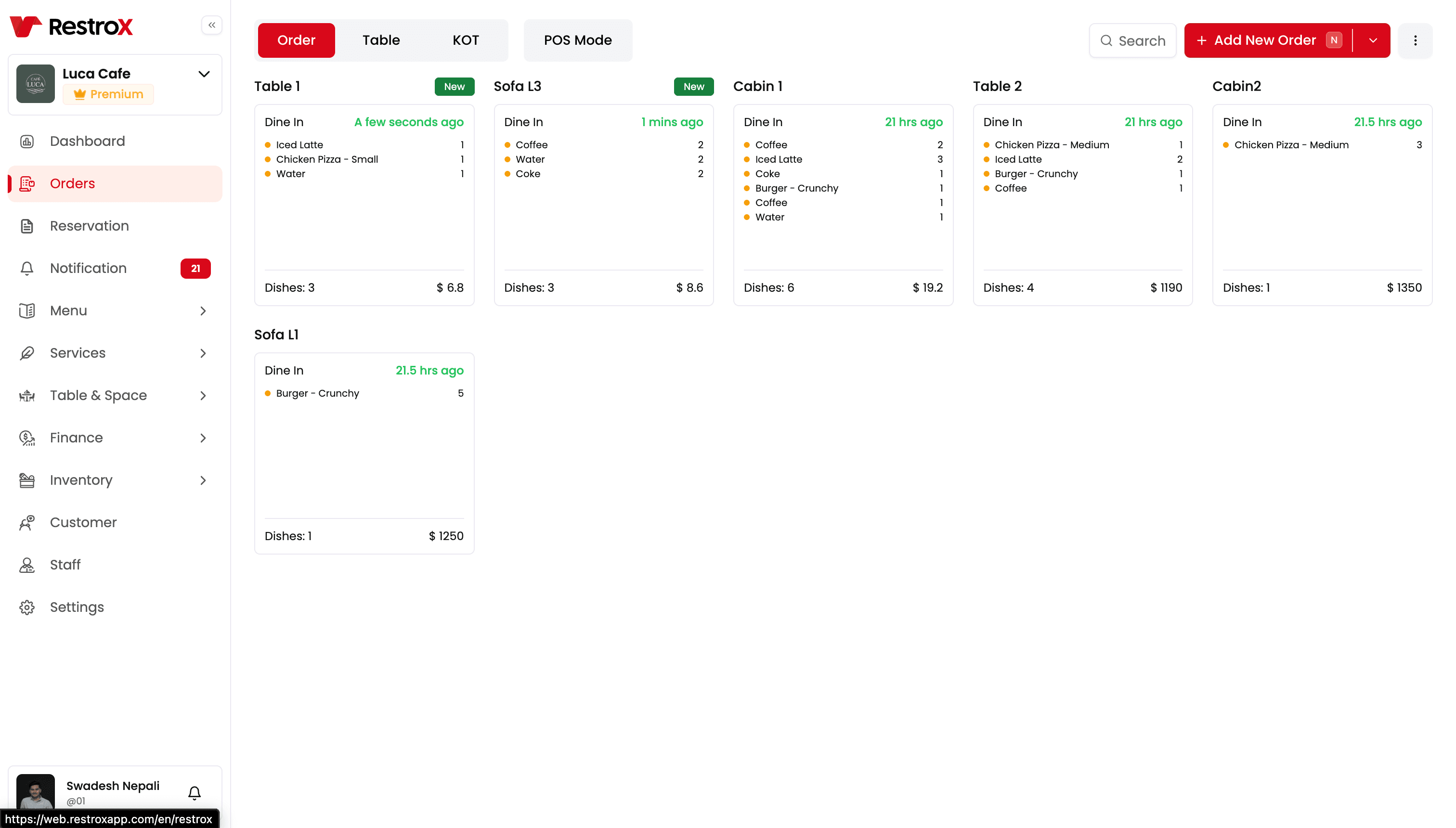RestroX order management dashboard showing real-time orders